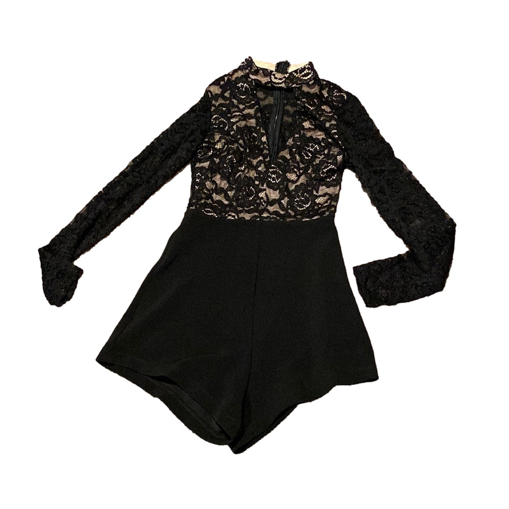 Papaya Black/Tan Lace Long Sleeve Choker Romper SIZE S